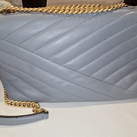 Tory Burch Kira Chevron Small Leather Shoulder Bag Rainwater Blue - Picture 9 of 16